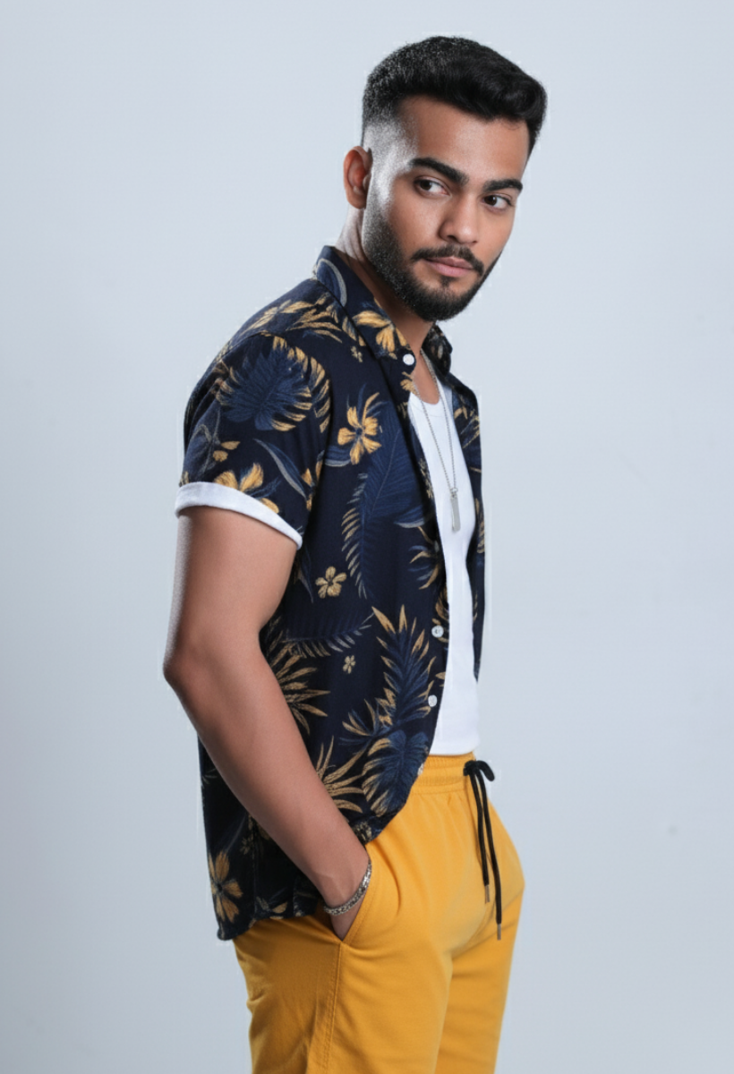 Conjunto Masculino Havaiano Orange Blue - Camisa + Bermuda 2pcs