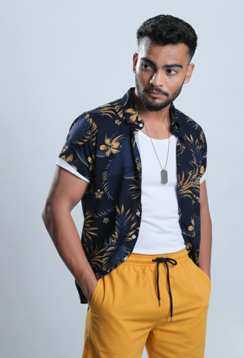 Conjunto Masculino Havaiano Orange Blue - Camisa + Bermuda 2pcs