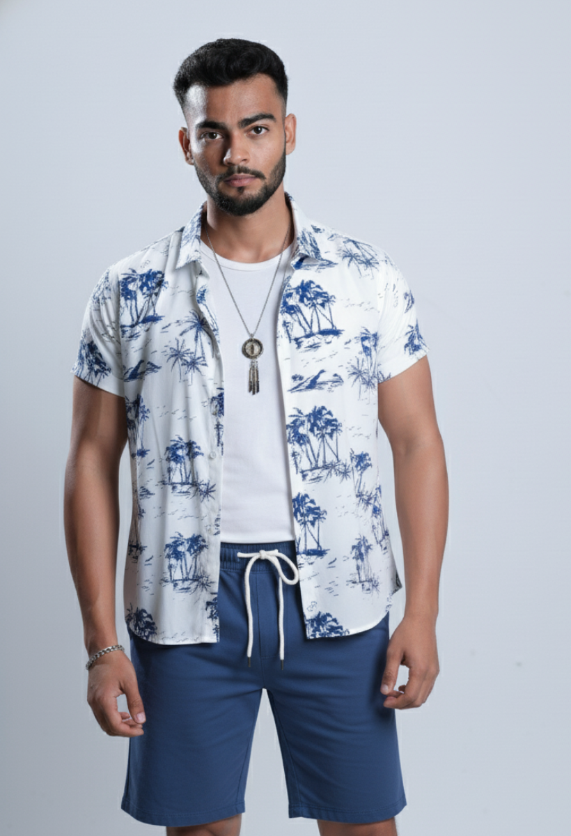 Conjunto Masculino Havaiano White Blue - Camisa + Bermuda 2pcs