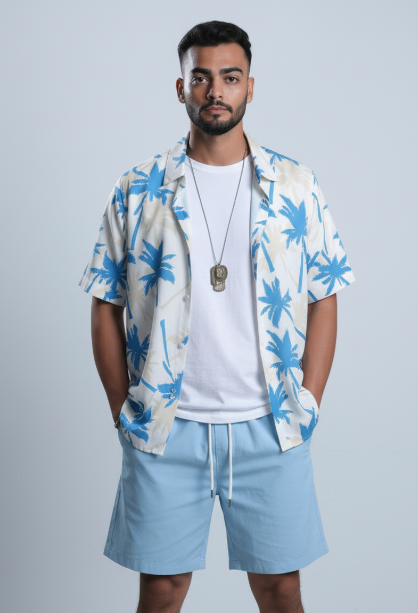 Conjunto Masculino Havaiano Ice Blue - Camisa + Bermuda 2pcs