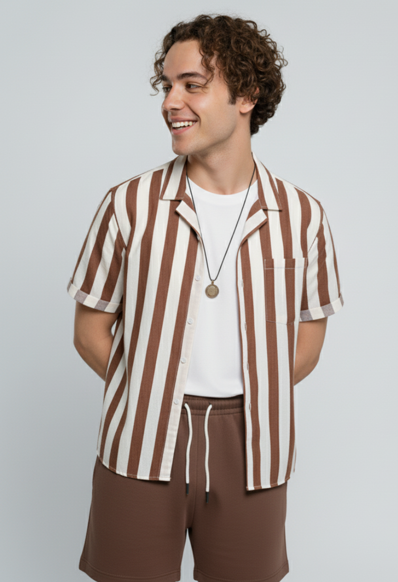 Conjunto Masculino Retro Brown : Camisa + Bermuda 2pcs