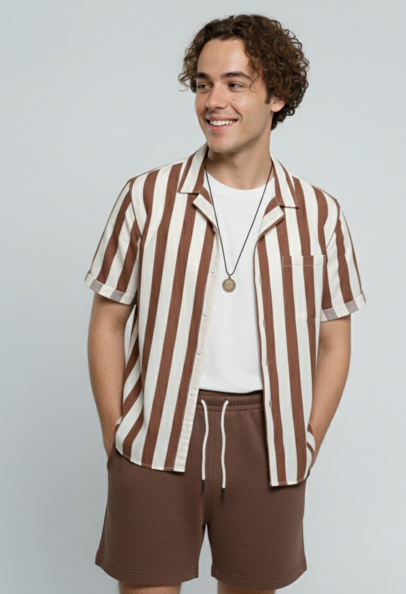 Conjunto Masculino Retro Brown : Camisa + Bermuda 2pcs