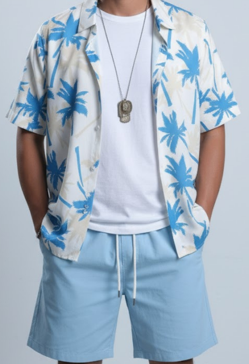 Conjunto Masculino Havaiano Ice Blue - Camisa + Bermuda 2pcs