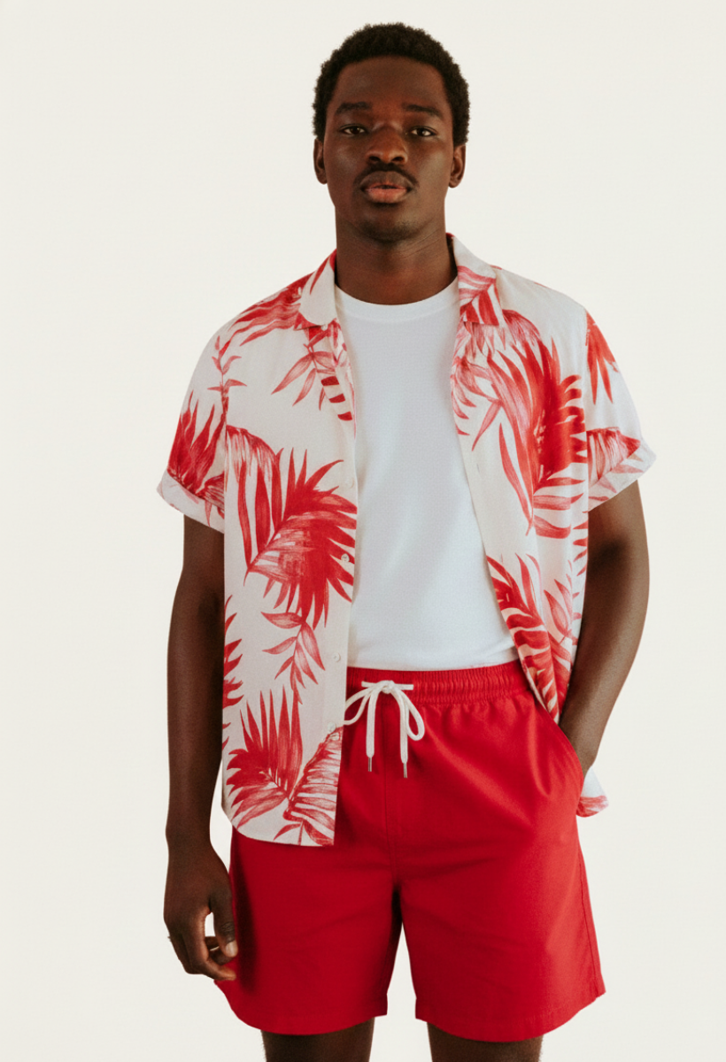 Conjunto Masculino Havaiano Red - Camisa + Bermuda 2pcs