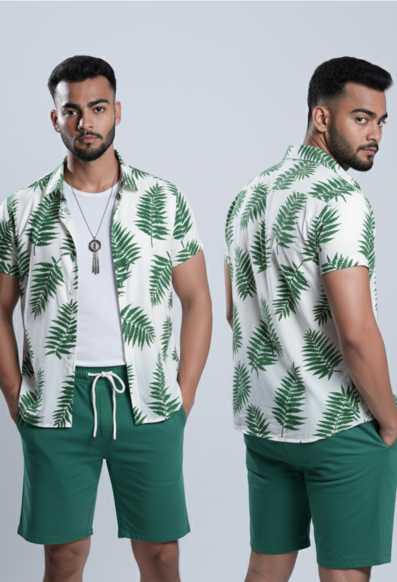 Conjunto Masculino Havaiano White Green - Camisa + Bermuda 2pcs