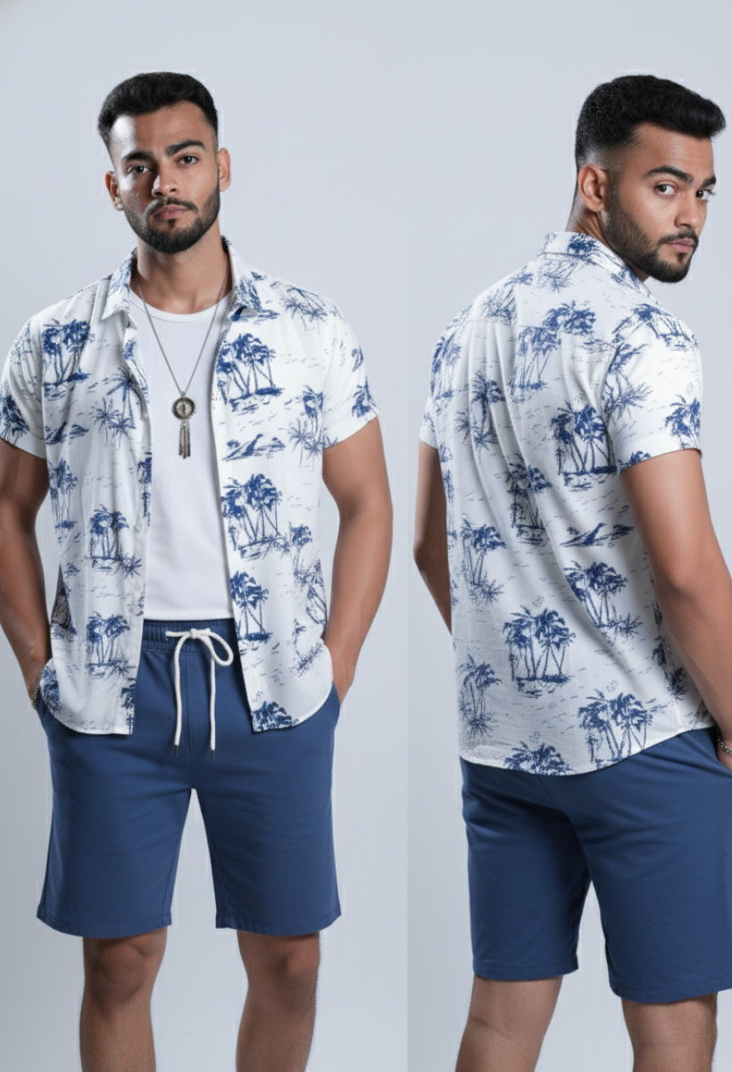 Conjunto Masculino Havaiano White Blue - Camisa + Bermuda 2pcs